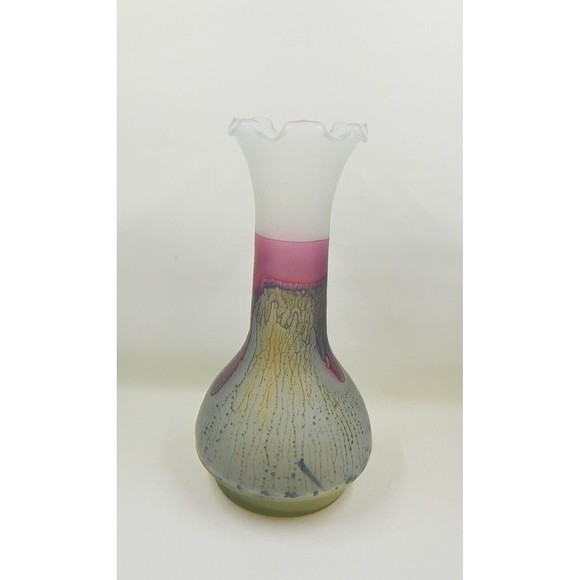 Rueven Art Glass Watercolor Drip Hand Painted Satin Bud Vase Ruffle Top 9 Inch - Picture 3 of 12